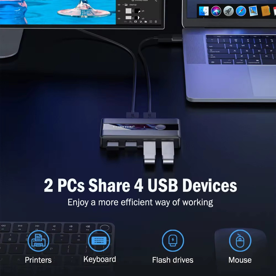 Lemorele USB 3.0 KVM Switch Adapter mit 2 Eingängen und 4 Ausgängen in Schwarz für Computer, Tastatur und Drucker - Bild 2