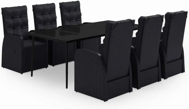 vidaXL 7-teilige Garten-Essgruppe aus PE-Rattan und pulverbeschichtetem Stahl in Schwarz mit Glasplatte und Kissen - Bild 1
