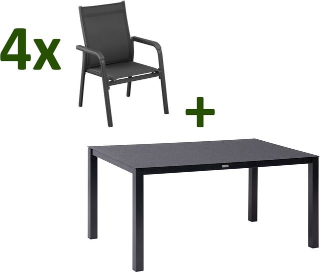 Kettler BasicPlus Garten-Essgruppe in Anthrazit mit 4 Stapelsesseln aus Alu, Spraystone und Textil, Tisch B: 160 cm, T: 95 cm, H: 74 cm - Bild 1