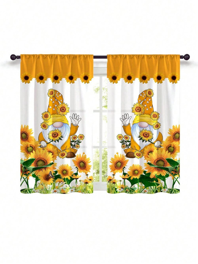 2er-Set Yiran Furniture Kurzvorhänge mit Sonnenblumen-Print und Karomuster, bunt, B/H: 70 x 150 cm - Bild 2