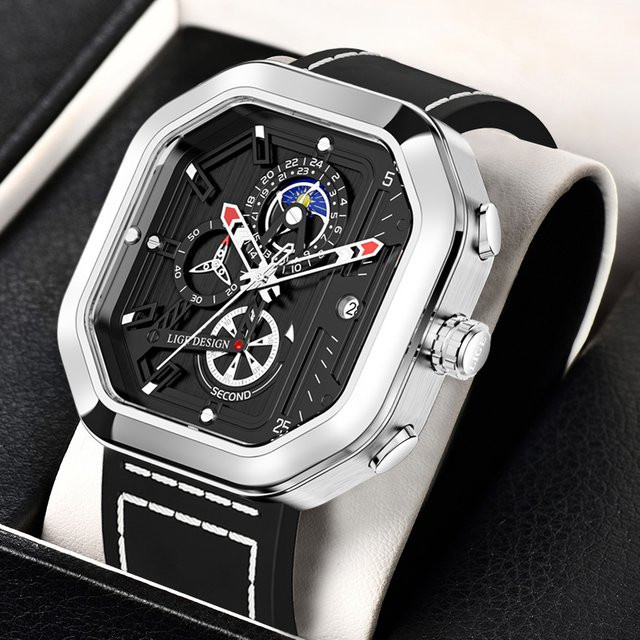 LIGE Armbanduhr Chronograph, Quarz, eckig, Schwarz, Leder, Herren - Bild 1