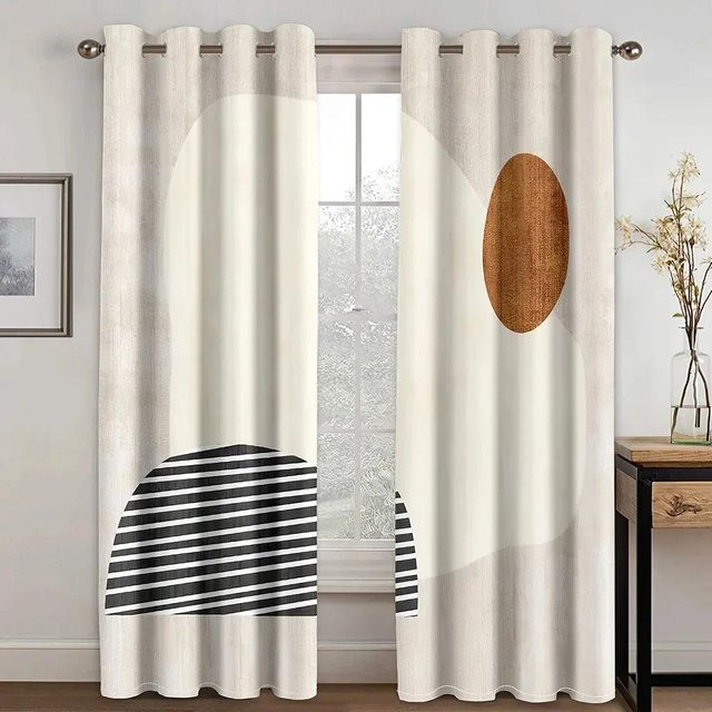 2er-Set Halbverdunkelnde Vorhänge mit abstraktem Sonnen-Design in Multicolour, Modernes Geometrisches Muster für Schlafzimmer, Breite: 135 cm, Höhe: 185 cm - Bild 1