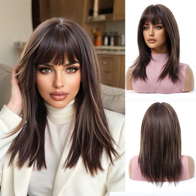 EASIHAIR Synthetische Perücke, mittellang gerade geschichtet, braun, mit Pony, Damen - Bild 1