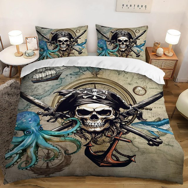Flylo Retro Piraten Bettwäsche-Set mit Totenkopf, Oktopus und Schatzkarte, Mehrfarbig, B/H: 135 x 200 cm - Bild 1