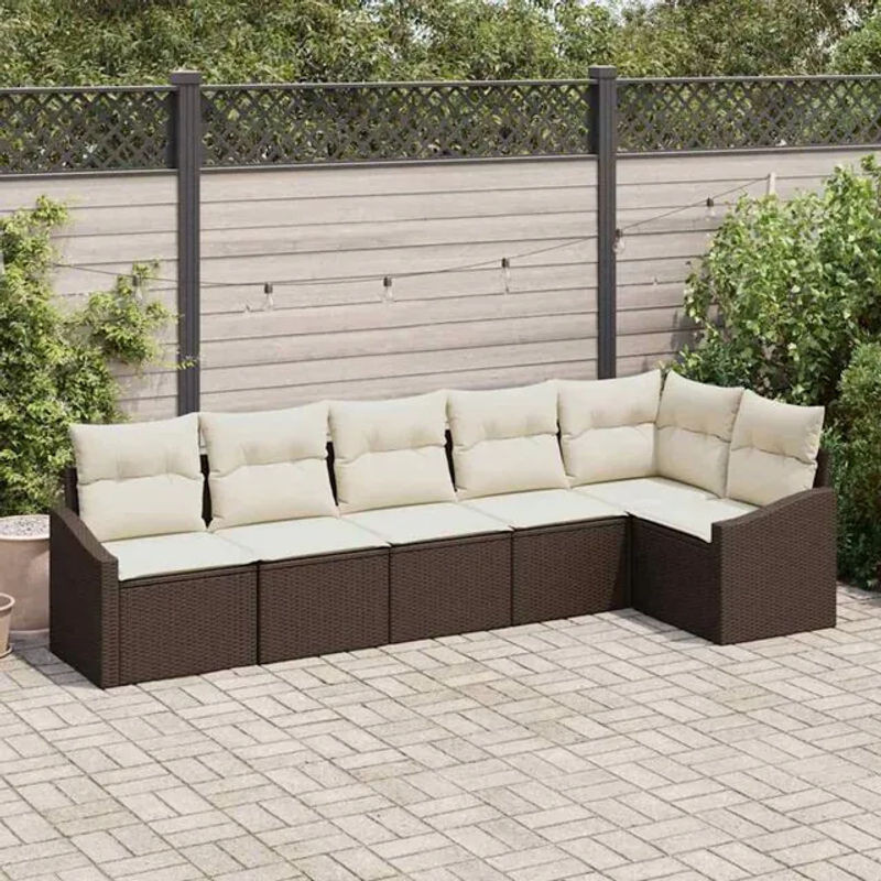 vidaXL Garten Essgruppe aus Polyrattan und Stahl mit 6 Stühlen und Kissen in Braun, Beige und Weiß - Bild 1