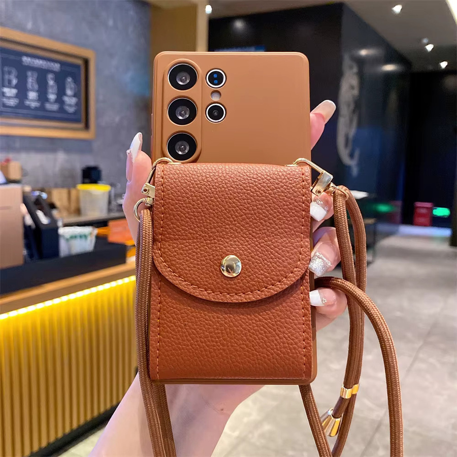 Xeber Umhängetasche aus Leder mit Brieftasche als Lanyard für Samsung Galaxy S24 S25 Ultra S23 S22 Plus S21 S20 Note A73 A72 A71 A70 A55 A54 A53 A52 A50 in Schwarz oder Braun - Bild 2