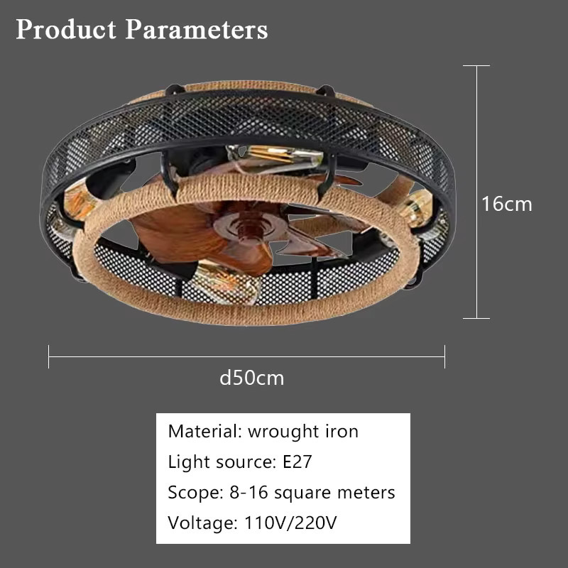 LINCCW Deckenventilator mit Licht in Schwarz, Schmiedeeisen-Design mit E27 Fassung und ABS-Ventilatorblättern, Durchmesser: 50 cm - Bild 3