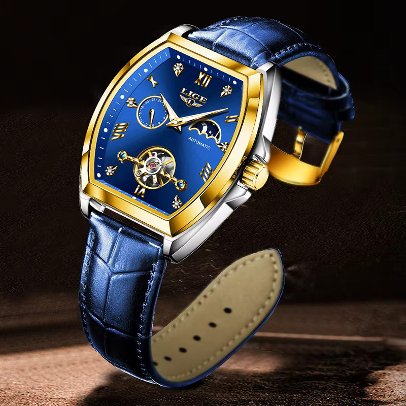 LIGE Armbanduhr Automatik, Tonneau, Gold, Leder, Herren - Bild 3