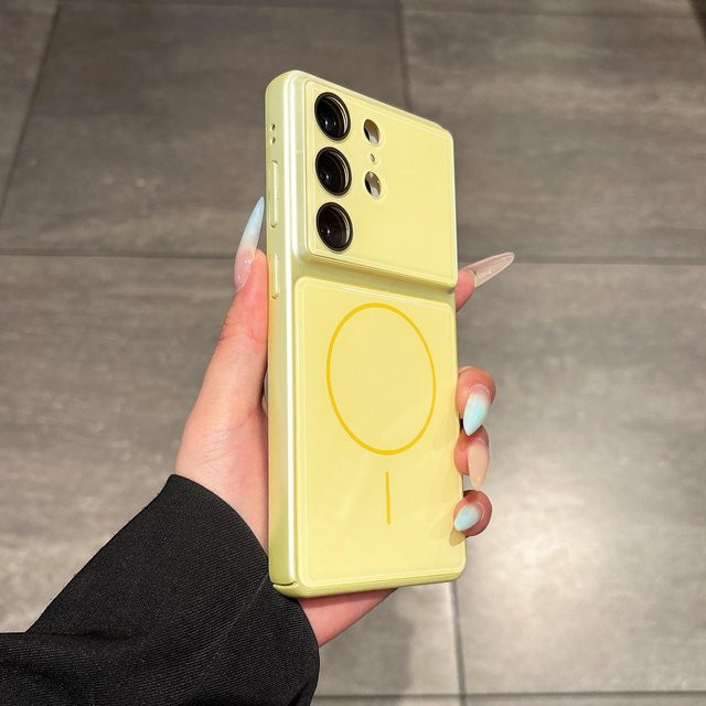 Magnetische Acrylhülle für Samsung Galaxy S26 S2 Ultra S24 Plus S23 FE mit Linsenschutz und mattiertem Stoßfänger in Gelb - Bild 1