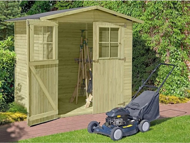 Woodtex Gerätehaus Berlin Gr 1 in Braun mit Doppeltür und Giebeldach aus kesseldruckimprägniertem Holz, B/T/H: 1050 x 1050 x 14 cm - Bild 1