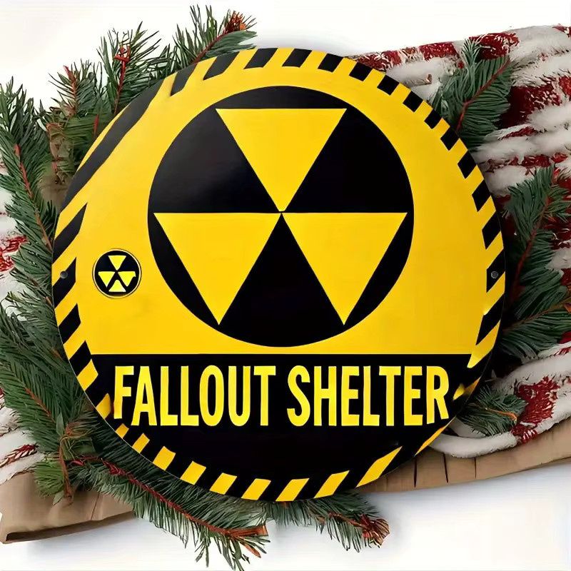 Potdemiel Vintage Aluminium Wandbild Nuclear War Shelter Schild in Gelb und Schwarz, Durchmesser: 20 cm - Bild 5