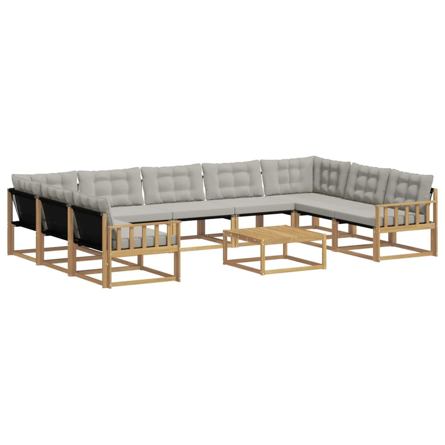 vidaXL Outdoor-Sofagarnitur in L-Form aus massivem Akazienholz mit Textilene-Bezug und Kissen, 10-teilig, Weiß-Hellgrau - Bild 2