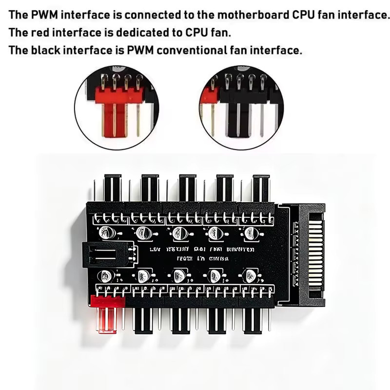 OUYUANSU 10 Port PC Gehäuse Lüfter Hub PWM Controller mit SATA Power und 4-Pin Splitter in Schwarz - Bild 4