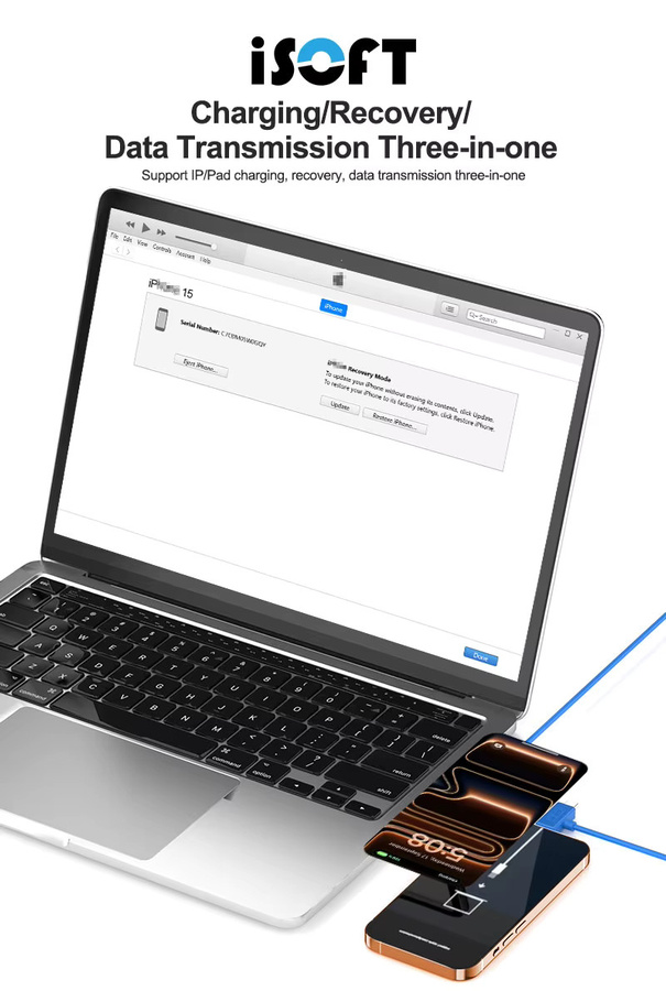 ISOFT IS-006 Doppelseitiges Wartungs-Datenkabel mit USB-C Schnittstelle für iPhone und iPad in Blau - Bild 4