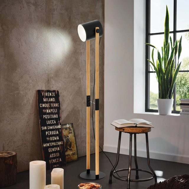 Eglo Stehleuchte Hornwood 1-flammig aus Pinien-Holz und Metall in Schwarz-Creme mit E27 Fassung - Bild 1