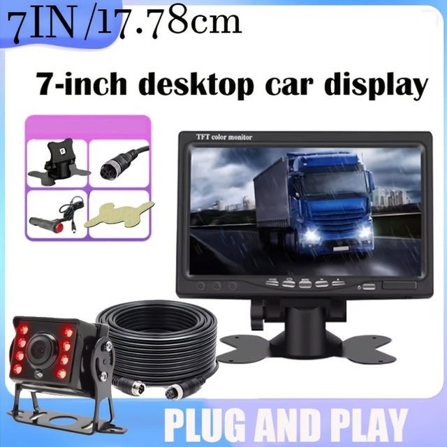 Bileeko 7-Zoll-Fahrzeugdisplay mit 8-LED-Rückfahrkamera und 10m Videokabel in Schwarz - Bild 1