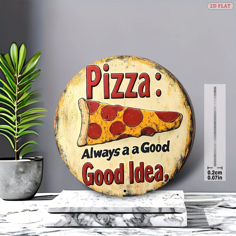 Potdemiel Pizza Metallwandkunstschild im Retro-Stil mit Typografie, rund, Mehrfarbig, Durchmesser: 20 cm - Bild 3