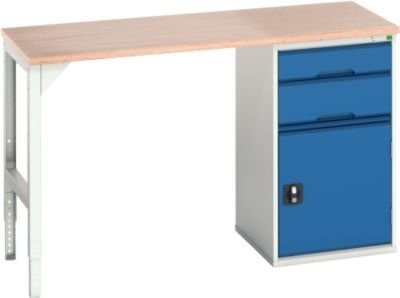 Unterbauwerkbank Bott verso mit Multiplex-Platte, 2 Schubladen, 1 Tür und 1 Ablageboden, Lichtgrau/Enzianblau, B: 150 cm, T: 60 cm, H: 93 cm - Bild 1