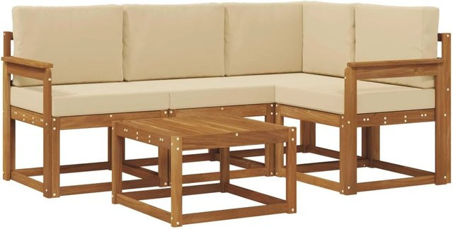 vidaXL Outdoor-Sofagarnitur in L-Form aus Akazienholz mit 5 Kissen in Natur und Beige - Bild 1