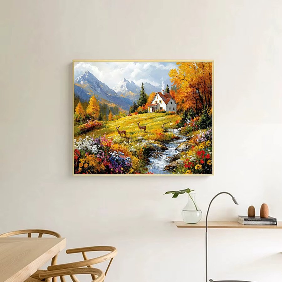 Huacan Diamantgemälde Herbstlandschaft mit Hirsch, Fluss und Blumen als Diamant-Stickerei in Multicolour, B/H: 30 x 20 cm - Bild 3