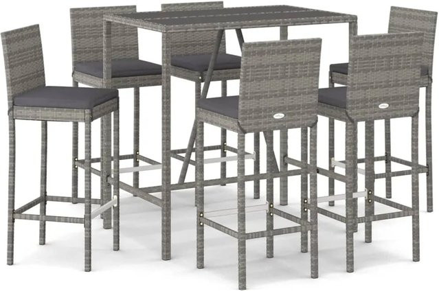 vidaXL 7-tlg Gartenbar-Set aus Poly Rattan in Grau mit Kissen und Hartglasplatte - Bild 1