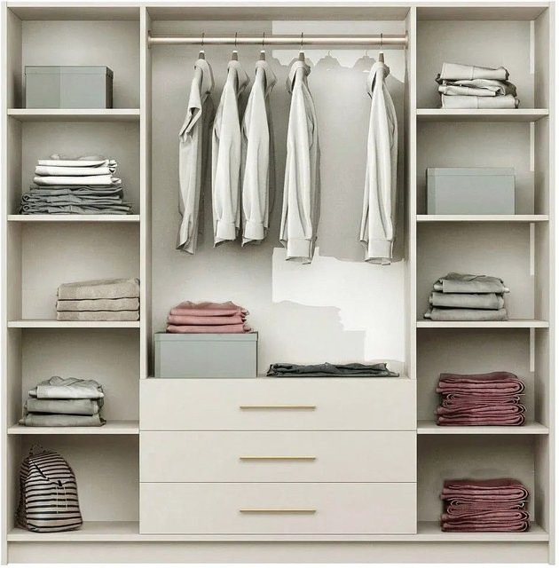 Vente-unique Kleiderschrank Monlio im Art déco Stil, Farbe Beige und Gold, mit integrierten Schubladen und Spiegel, Höhe: 200 cm, Breite: 196 cm, Tiefe: 58 cm - Bild 1