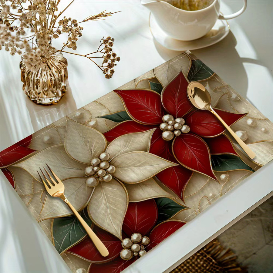 VIKAMA 4-teiliges Weihnachts-Tischset mit Blumenmuster und goldenem Besteck für deine festliche Tischdekoration - Bild 4