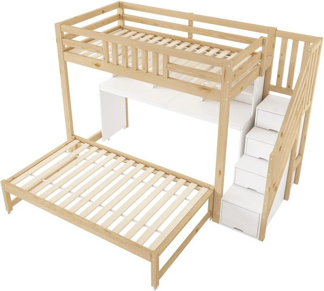 Merax Etagenbett für Kinder in Weiß und Eiche mit Schreibtisch und Treppe - Bild 1
