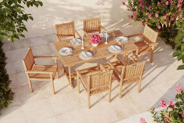 OUTFLEXX Garten-Essgruppe aus Akazie in Natur mit Ausziehtisch und 6 Armlehnensesseln, FSC-zertifiziert - Bild 1