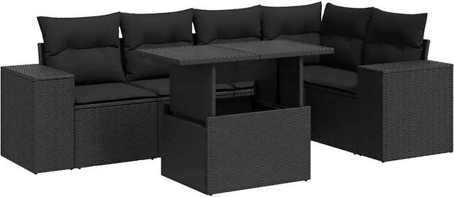 vidaXL 6-teilige Garten-Sofagarnitur in L-Form aus schwarzem Poly-Rattan mit wetterfesten Kissen und pulverbeschichtetem Stahlgestell - Bild 1