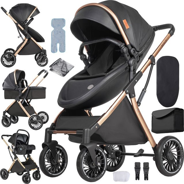 Luourzme 3-in-1 Kombikinderwagen in Schwarz mit Kokonsitz, klappbarem Rahmen und UV-Schutzdach - Bild 1
