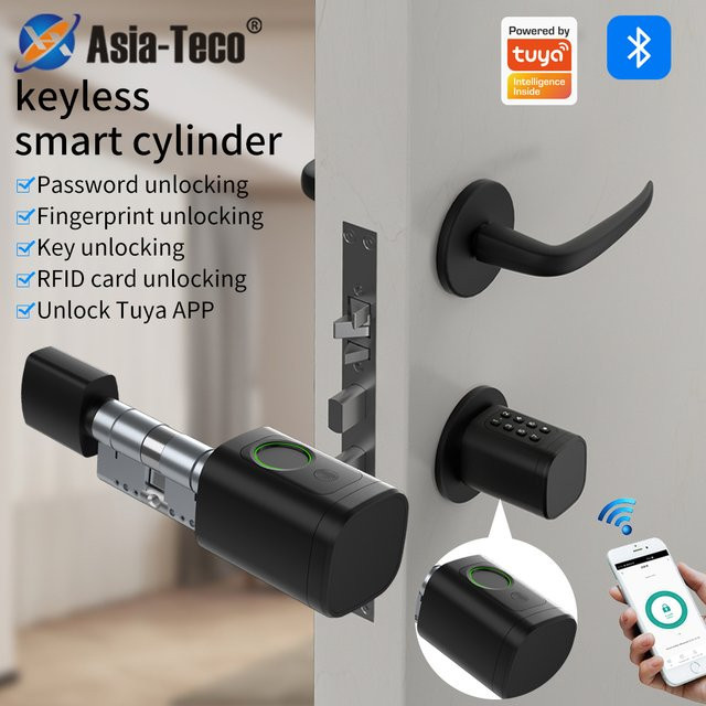 Asia-Teco Intelligentes Einsteckschloss mit biometrischem Fingerabdruck und Tuya-App-Steuerung, IP65 wasserdicht, kompatibel mit Alexa und Google Home, Farbe: Silber oder Schwarz - Bild 1