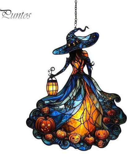 HomeSweet Dekorative Hexe Acryl Sonnenfänger mit Kürbislaterne, Gothic Fenster-Ornament in Multicolor und Orange - Bild 1