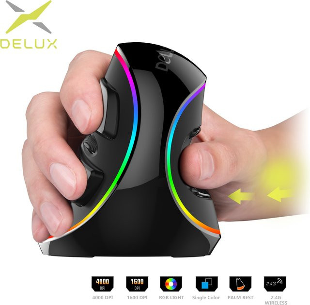 Delux M618 PLUS Vertikale Gaming-Maus in Schwarz, kabellos und kabelgebunden, RGB, 6 Tasten, 4000 DPI, ergonomisches Design für die rechte Hand, ideal für PC und Laptop - Bild 1