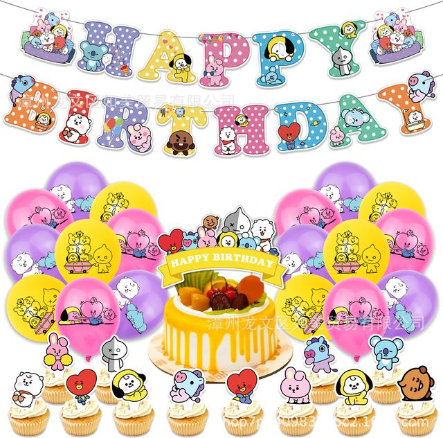 BT21 Partydekoration von Bandai: Buntes Set aus Geburtstagswimpeln und Ballondekoration aus Papier für Kinder - Bild 1