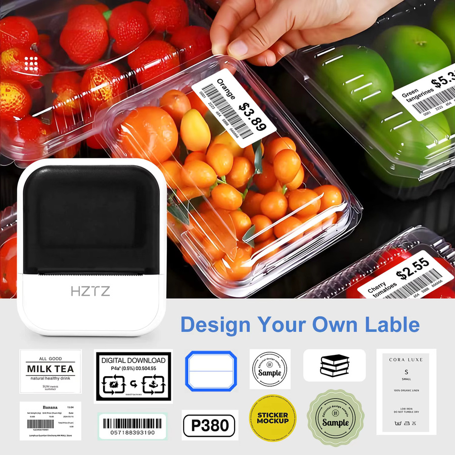 HZTZ Bluetooth Thermischer Etikettendrucker in Weiß für Tattoo-Transfer-Schablonen und Barcode-Aufkleber inklusive 30 Blatt Druckpapier - Bild 3