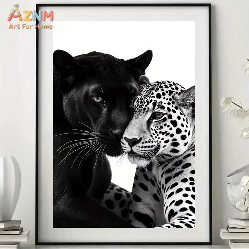 AZNM Wandkunstdruck Schwarzer Panther und Leopard als Leinwand-Wanddekoration in Schwarz-Weiß - Bild 3