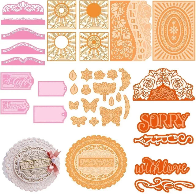 Metall Schneidestempel Set mit Rand und Wortformen für DIY Scrapbooking und Papierhandwerk in Orange - Bild 1
