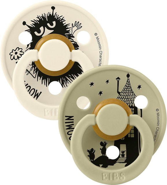 BIBS 2er-Pack Moomins Schnuller aus Latex für 0-6 Monate in Cherry, Weiß und Grün - Bild 1