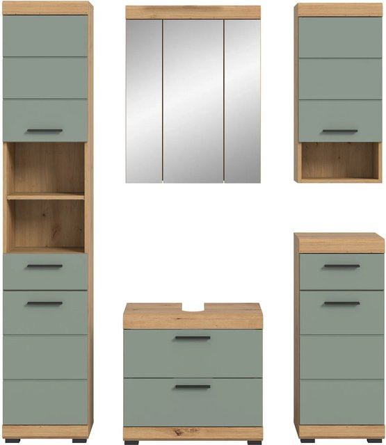 5-teilige Badkombination Xonox in Eiche Artisan Nachbildung und Salbei Grün, modern mit FSC-Zertifizierung, B/H/T: 164 x 191 x 34 cm - Bild 1