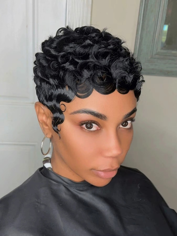 YOUKNOWIG Pixie-Cut-Perücke aus Echthaar, kurz, lockig, schwarz, 210 % Dichte, Damen - Bild 6