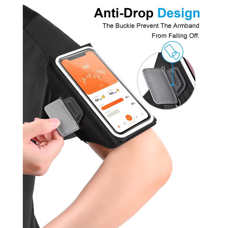 Haissky Lauf-Sportarmband mit Reißverschlusstasche und Touchscreen-Funktion für iPhone 17 16 15 14 13 Pro Max Air Plus, Farben: Grau und Schwarz - Bild 6