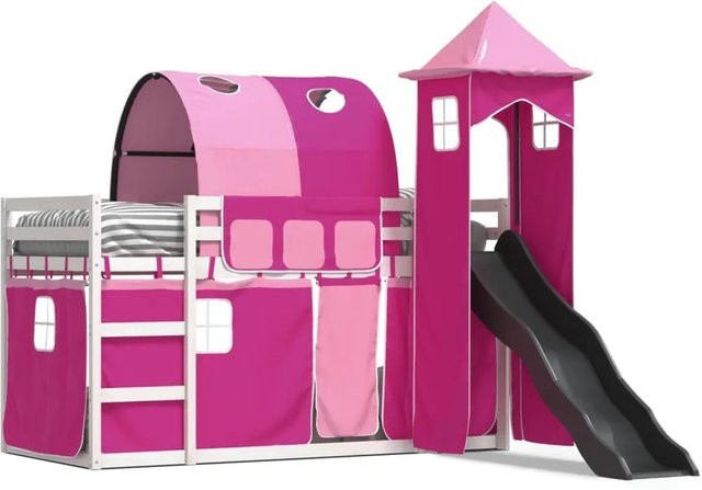 vidaXL Etagenbett für Kinder aus massivem Kiefernholz mit Rutsche und Gardinen in Rosa, B/T/H: 90 x 190 cm - Bild 1
