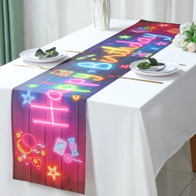 VIKAMA Neon Glow Party Tischläufer mit fluoreszierendem Kugel-Stern-Muster in Multicolour, Breite: 35 cm, Länge: 180 cm - Bild 1