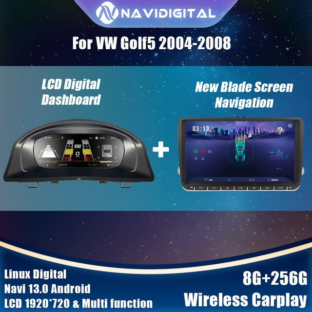 Navidigital LCD Digital Armaturenbrett Cluster für VW Golf 5 2004–2008 mit Android Navigation, Radio und Karten in Schwarz - Bild 1