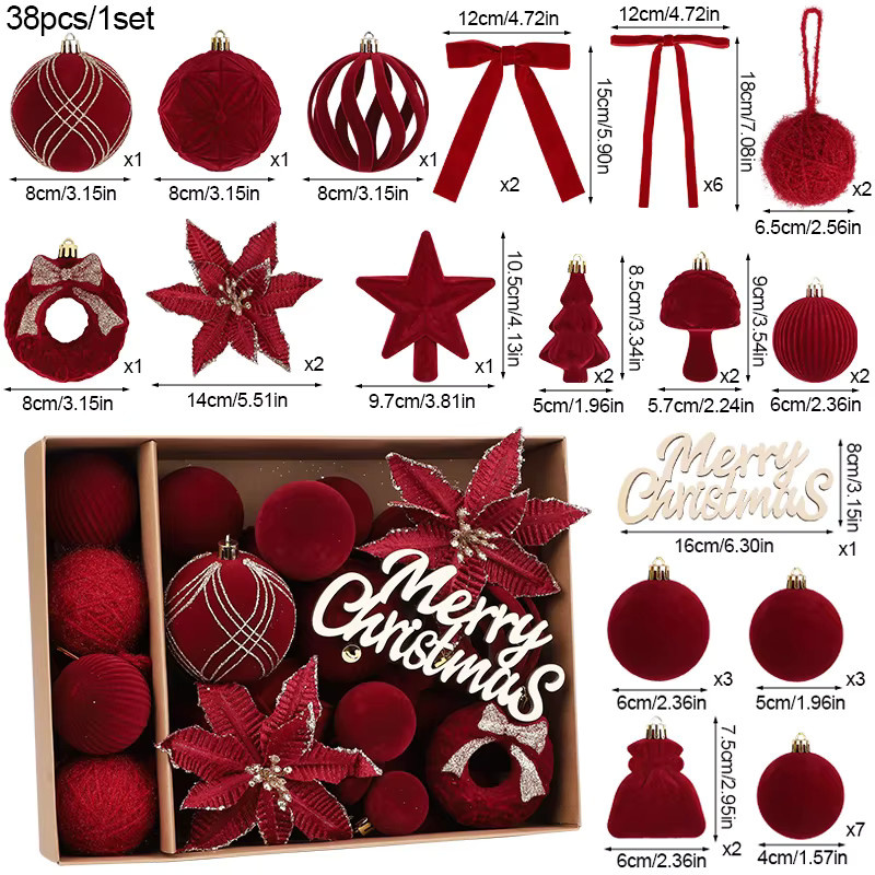 ZQNYCY 38-teiliges Set Weihnachtsdekoration aus Samt in Rot mit Christbaumkugeln, Sternen, Blumen und Baumspitze für deinen Weihnachtsbaum und zur Neujahrsdekoration - Bild 2