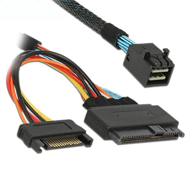 Internes PCIe 4.0 Mini SAS SFF-8643 auf U.2 SFF-8639 SSD Kabel in Schwarz mit 15-poligem SATA-Stromstecker - Bild 1