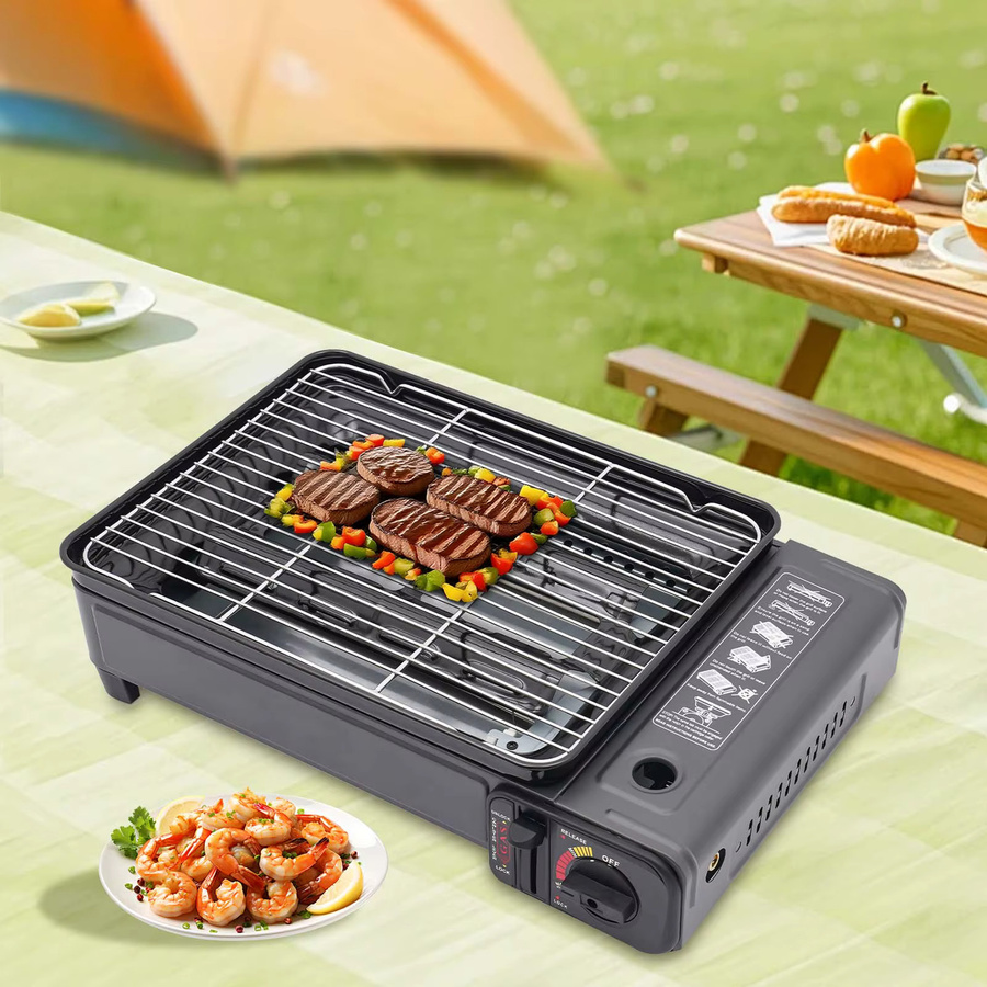 Bymaocar Tragbarer Camping-Grill Gaskocher für Butan-Gas, Schwarz, Tabletop-Modell für Outdoor-Reisen - Bild 2