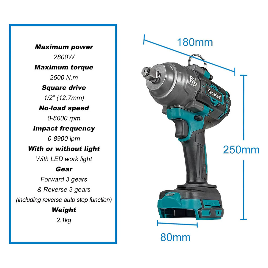 Kamolee Bürstenloser Akku-Schlagschrauber 1/2 Zoll mit 2600 Nm Drehmoment für Makita LXT 18 V Akkus - Bild 2
