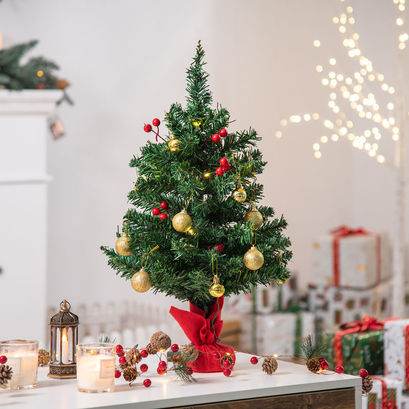 HOMCOM Mini Weihnachtsbaum in Grün mit Stechpalmenbeeren, Kugeln und LED-Lichtern, Tischdeko Durchmesser: 40 cm, Höhe: 60 cm - Bild 2